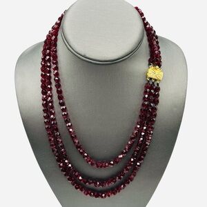 Vintage Triple Strand Faceted Garnet Red Glass Bead Necklace